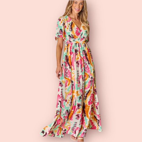 Made Just For You! Slit Printed Surplice Short Sleeve Maxi Dress