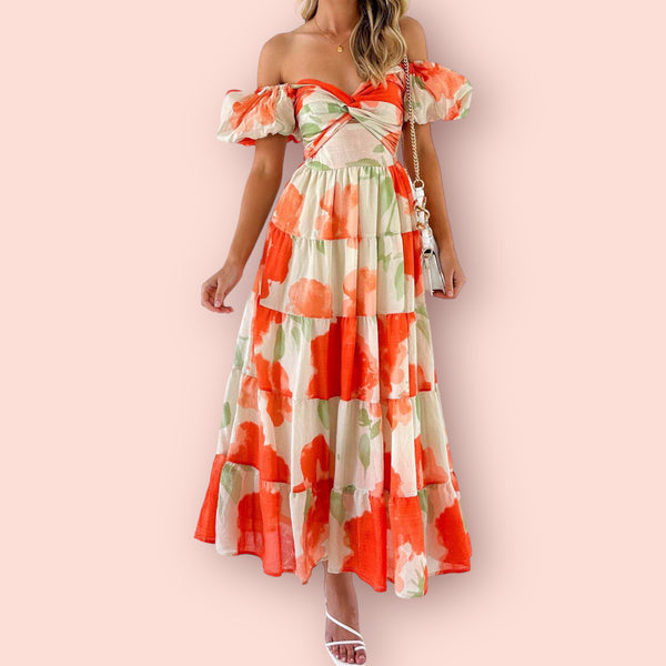 Made Just For You! Twisted Printed Puff Sleeve Maxi Dress