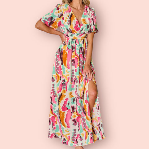 Made Just For You! Slit Printed Surplice Short Sleeve Maxi Dress