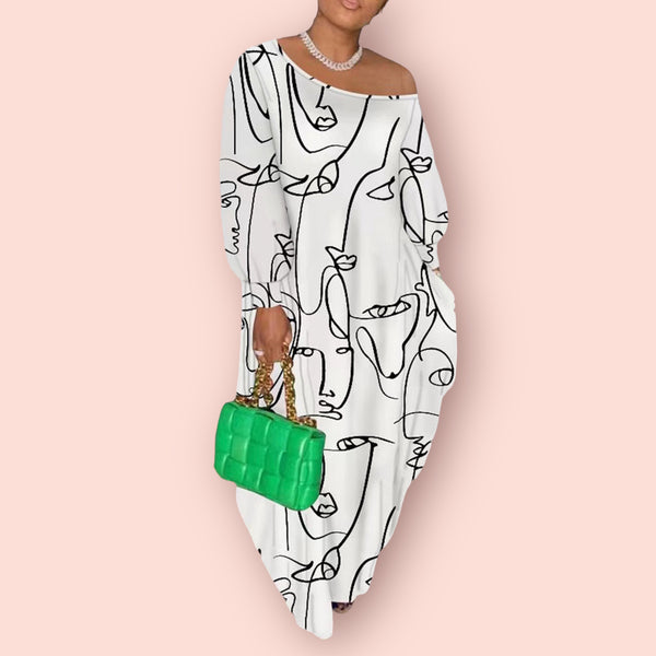 Made Just For You! Printed Single Shoulder Lantern Sleeve Maxi Dress