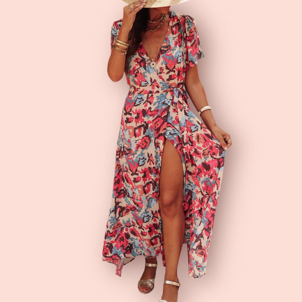 Made Just For You! Slit Printed Short Sleeve Midi Dress
