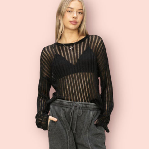 Made Just For You! HYFVE Openwork Ribbed Long Sleeve Knit Top