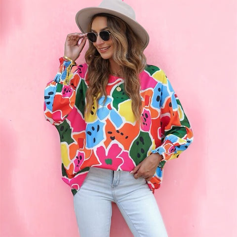 Made Just For You! Abstract Lantern Sleeve Blouse