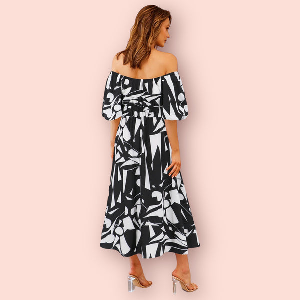 Made Just For You Printed Off-Shoulder Balloon Sleeve Dress