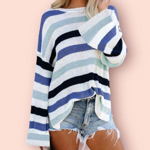 Made Just For You! Striped Slit Round Neck Sweater