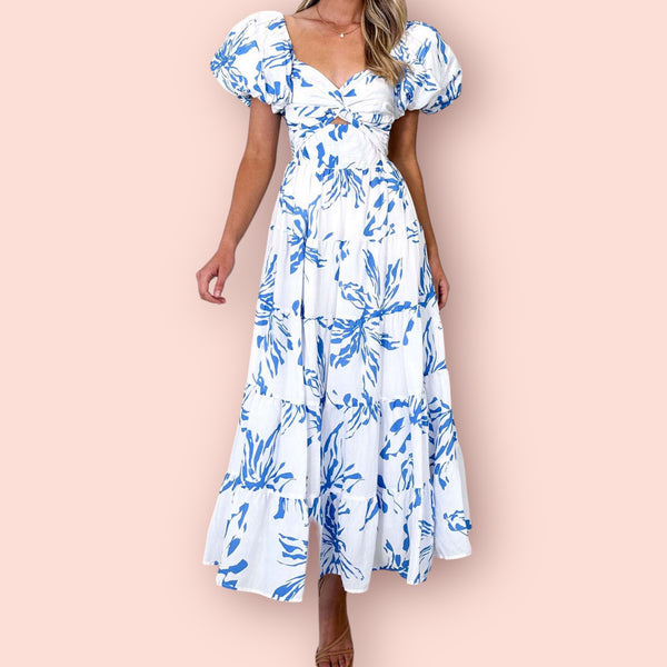 Made Just For You! Twisted Printed Puff Sleeve Maxi Dress