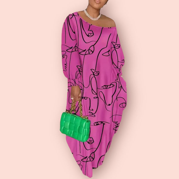 Made Just For You! Printed Single Shoulder Lantern Sleeve Maxi Dress