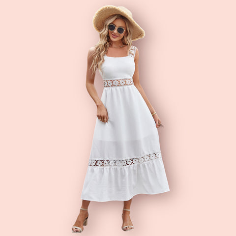 Made Just For You! Flower Crochet Wide Strap Midi Dress
