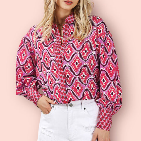 Made Just For You! Cerise Print Long Sleeve Blouse