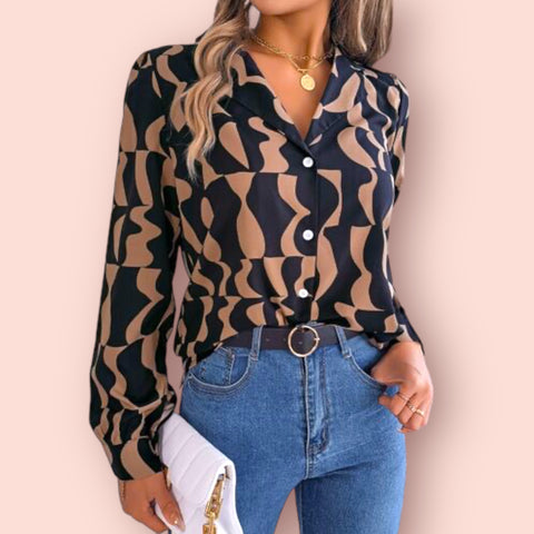 Made Just For You! Coffee Printed Long Sleeve Blouse