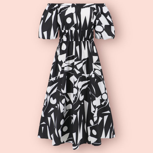 Made Just For You Printed Off-Shoulder Balloon Sleeve Dress