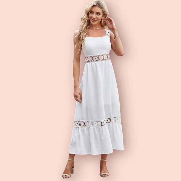 Made Just For You! Flower Crochet Wide Strap Midi Dress